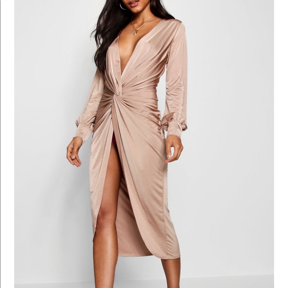 Plunge Slinky runched midi dress